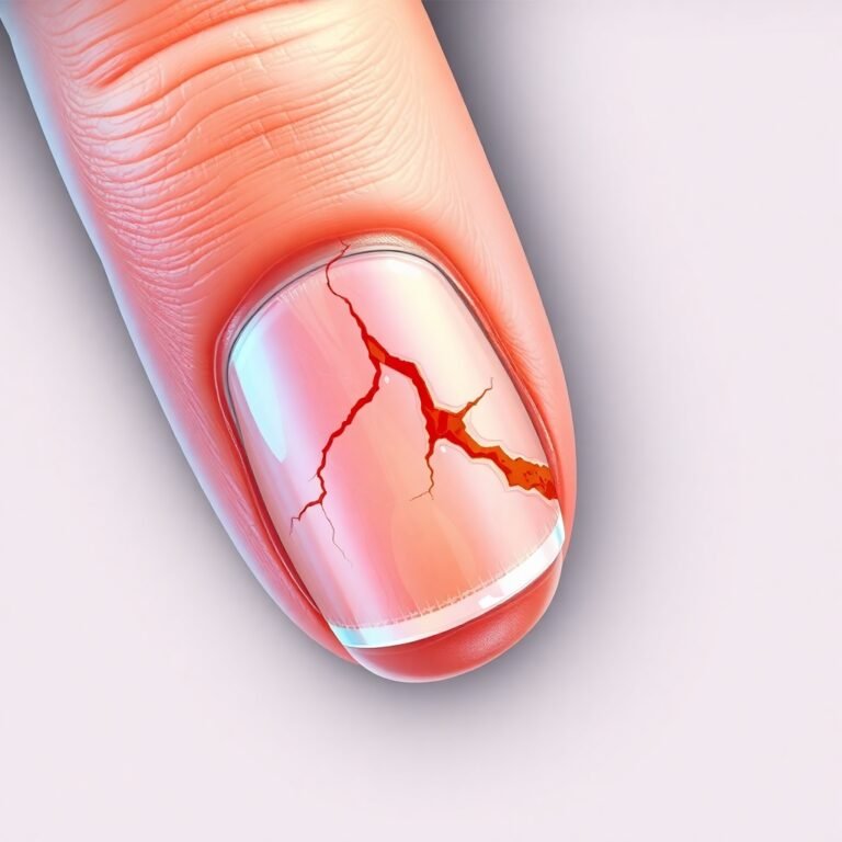 A detailed medical illustration of brittle nails onychoschizia, showcasing a close-up of a fingernail with visible cracks, peeling, and splitting